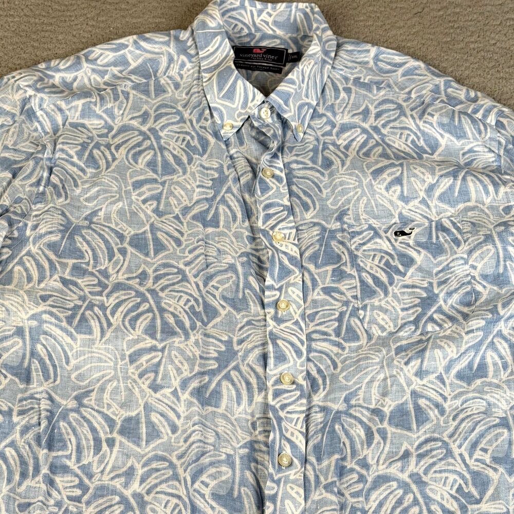 VINEYARD VINES Linen Shirt Men XXL Blue Palm Leaf Classic Fit Tucker Button Down
